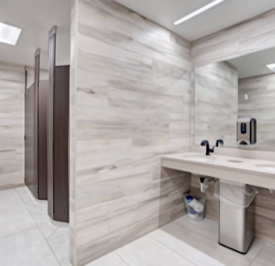Clean commercial restroom with stone-look walls and a long vanity